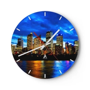 Reloj de pared - Reloj de vidrio - Panorama de la ciudad nocturna con luces reflejadas en el agua. - 30x30cm - Noche de luces y colores - Decoración de pared moderna para salón, cocina y dormitorio ARTTOR