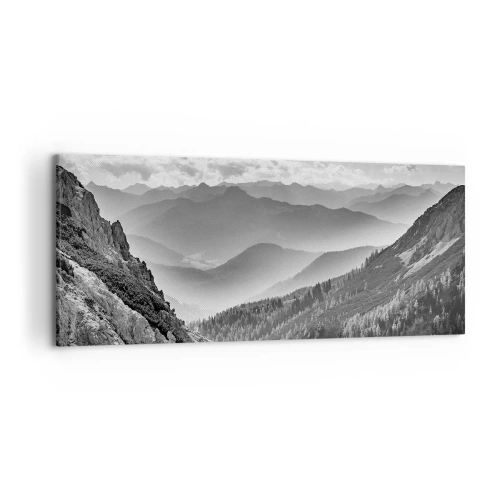 Cuadro sobre lienzo - Impresión de Imagen - Paisaje de montaña en blanco y negro con nubes sobre los picos. - 120x50cm - Hasta el horizonte - Decoración de pared moderna para salón y dormitorio ARTTOR