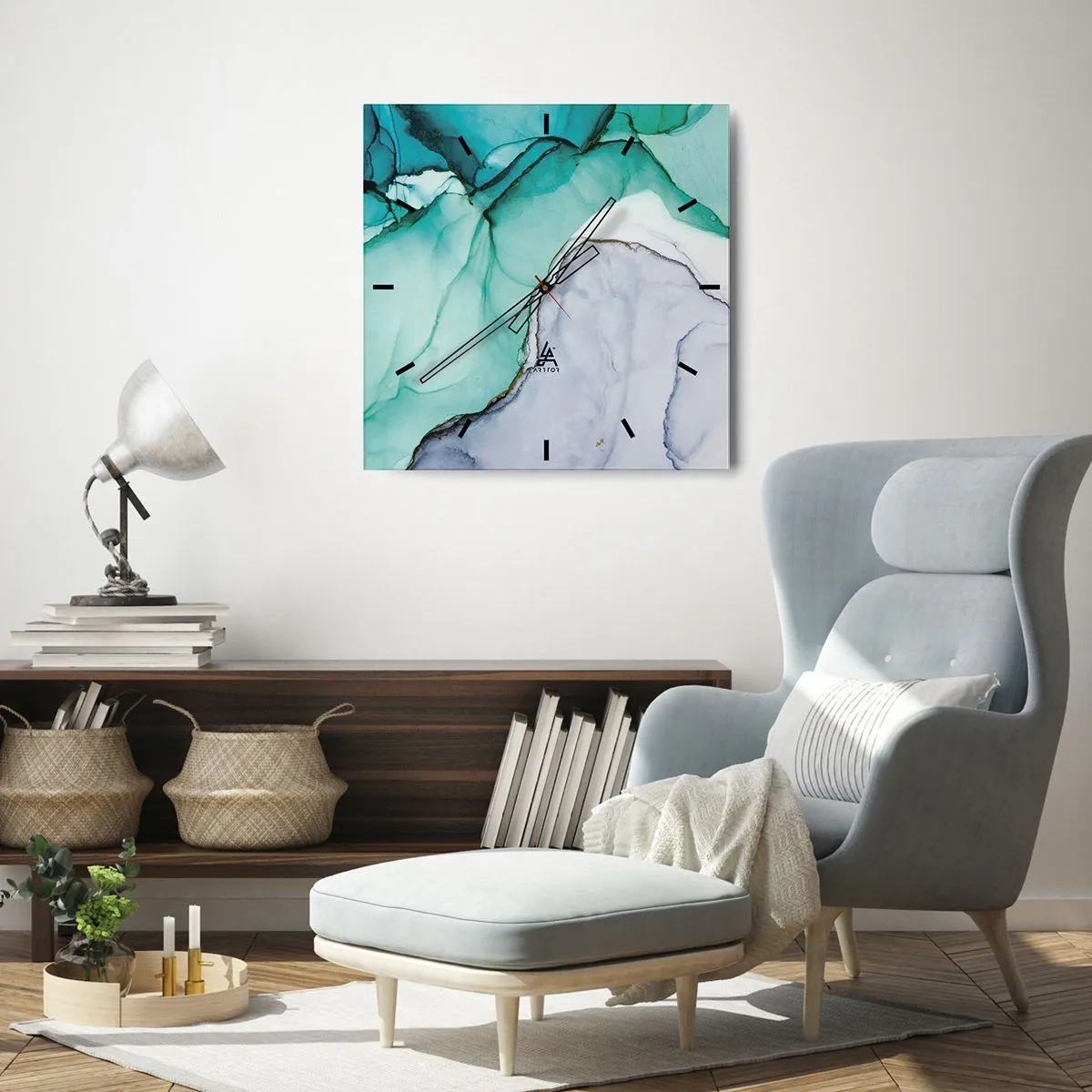 Reloj de pared - Reloj de vidrio - Patrón abstracto en tonos turquesa y blanco. - 30x30cm - Estudio en turquesa - Decoración de pared moderna para salón y dormitorio ARTTOR