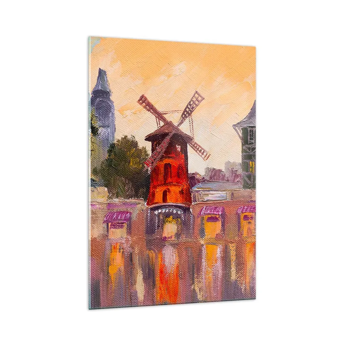 Cuadro sobre vidrio - Impresiones sobre Vidrio - El molino de viento rojo del Moulin Rouge rodeado del paisaje urbano - 70x100cm - Iconos parisinos - Moulin Rouge - Decoración de pared moderna para salón y dormitorio ARTTOR
