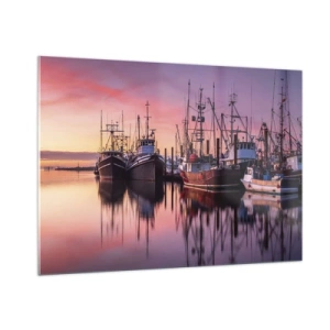 Cuadro sobre vidrio - Impresiones sobre Vidrio - Barcos de pesca al atardecer en un puerto tranquilo - 100x70cm - Descanso antes de partir - Decoración de pared moderna para salón y dormitorio ARTTOR
