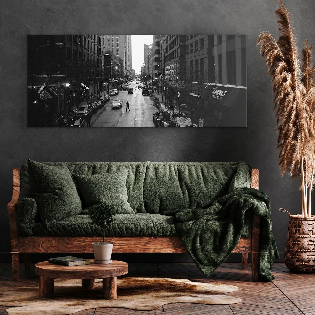 Cuadro sobre lienzo - Impresión de Imagen - Una calle en blanco y negro en el centro de la ciudad con coches y peatones. - 120x50cm - Un día como otro cualquiera - Decoración de pared moderna para salón y dormitorio ARTTOR