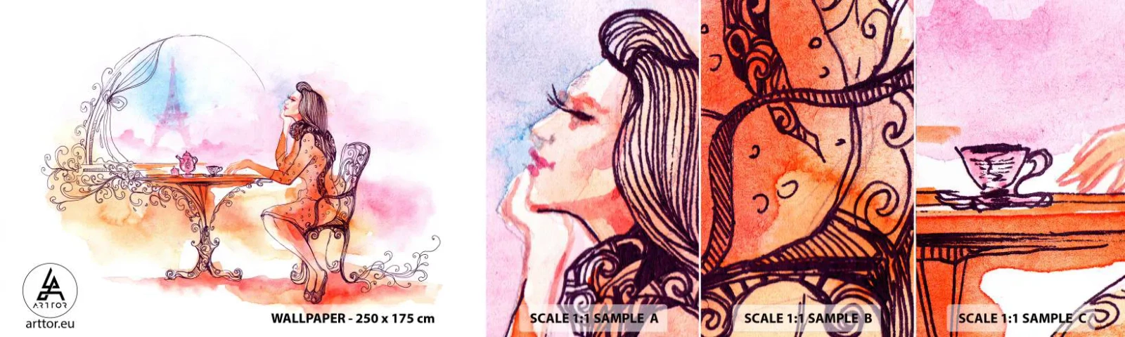 Muestra de fotomural autoadhesivo Deluxe Sticker - Estilo parisino - París, Mujer, Torre Eiffel - 100x30 cm