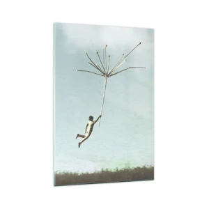 Cuadro sobre vidrio - Impresiones sobre Vidrio - Una figura levantada por una gran semilla de diente de león. - 70x100cm - Bailando con la brisa - Decoración de pared moderna para salón y dormitorio ARTTOR