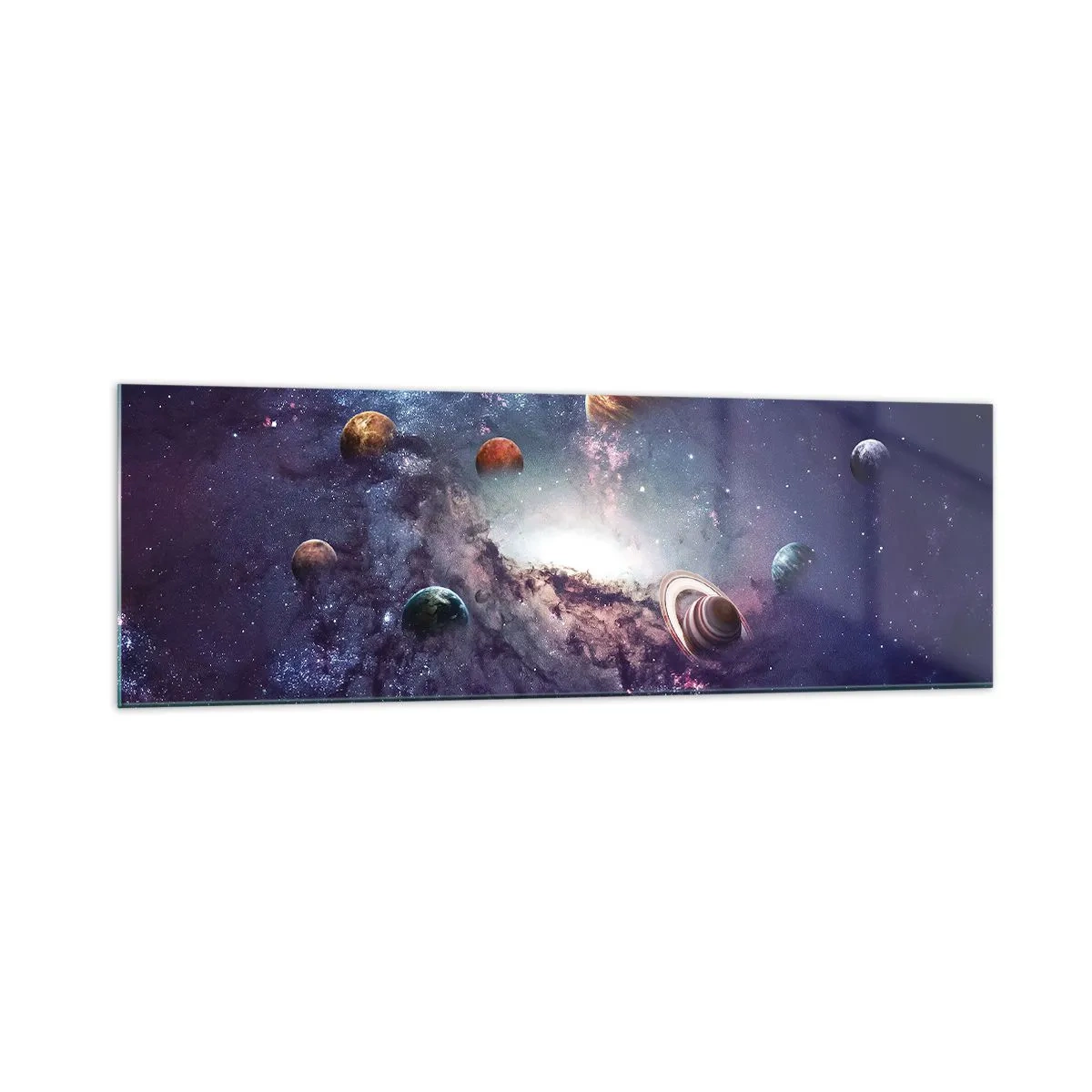 Cuadro sobre vidrio - Impresiones sobre Vidrio - Planetas en una galaxia con una nebulosa al fondo - 160x50cm - La danza alrededor del Sol - Decoración de pared moderna para salón y dormitorio ARTTOR
