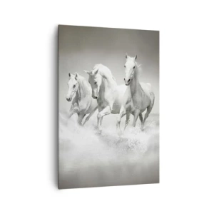 Cuadro sobre lienzo - Impresión de Imagen - Tres caballos blancos galopando por el agua - 70x100cm - Locura blanca - Decoración de pared moderna para salón y dormitorio ARTTOR