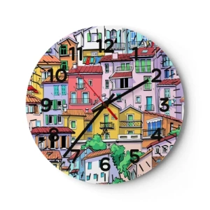 Reloj de pared - Reloj de vidrio - Ciudad alegre - 40x40 cm