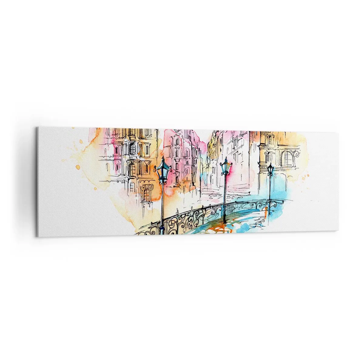 Cuadro sobre lienzo - Impresión de Imagen - Acuarela de un puente y casas de vecindad en forma de corazón - 160x50cm - El corazón de la ciudad - Decoración de pared moderna para salón y dormitorio ARTTOR