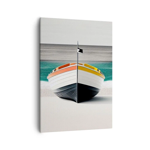 Cuadro sobre lienzo - Impresión de Imagen - Un barco en la playa con un mar turquesa al fondo. - 50x70cm - En su lugar exacto - Decoración de pared moderna para salón y dormitorio ARTTOR