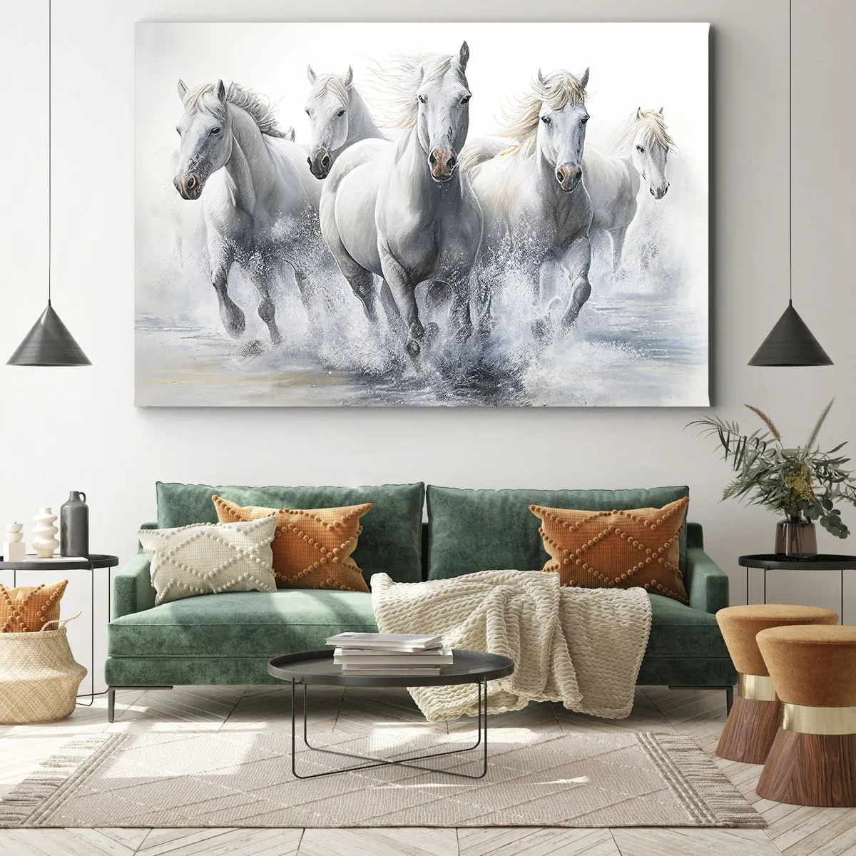 Cuadro sobre lienzo - Impresión de Imagen - Caballos blancos galopando por el agua - 100x70cm - Magia blanca - Decoración de pared moderna para salón y dormitorio ARTTOR