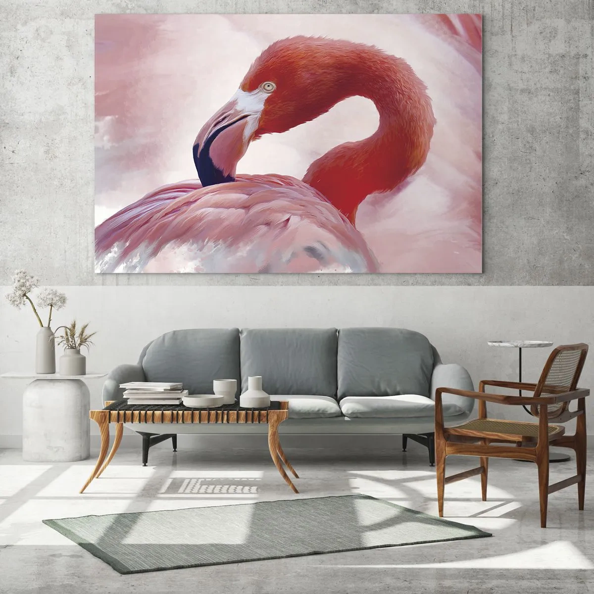 Cuadro sobre vidrio - Impresiones sobre Vidrio - Un flamenco rosado gira con gracia hacia un lado. - 100x70cm - La belleza de las aves - Decoración de pared moderna para salón y dormitorio ARTTOR