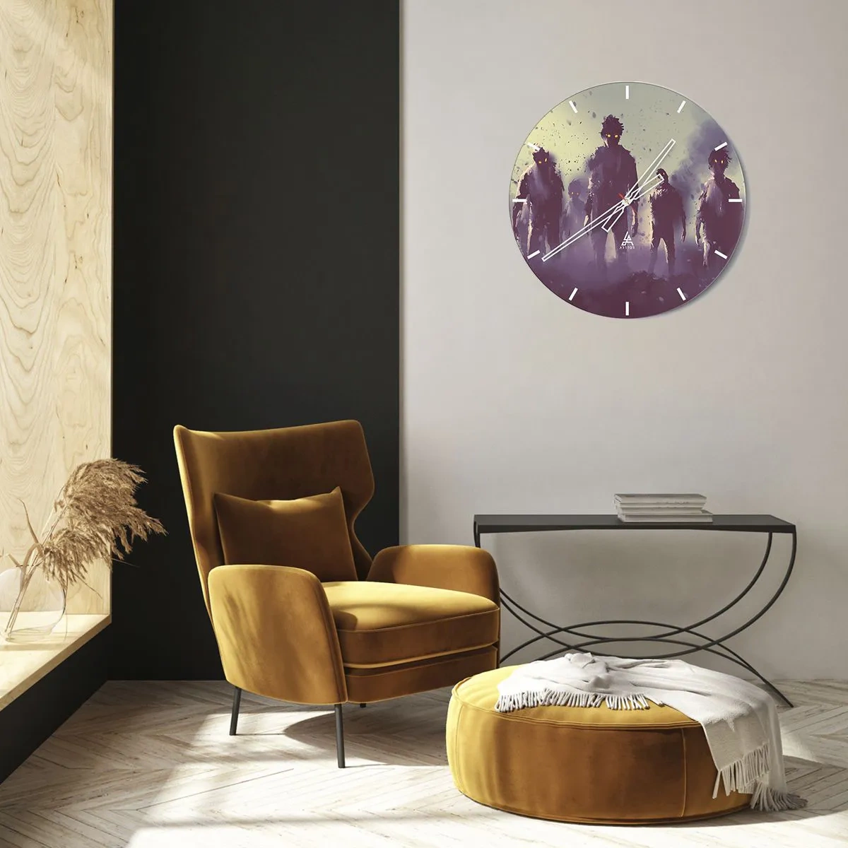 Reloj de pared - Reloj de vidrio - Figuras oscuras en un fondo brumoso - 30x30cm - ¡Cuidado! Aquí vienen - Decoración de pared moderna para salón, cocina y dormitorio ARTTOR