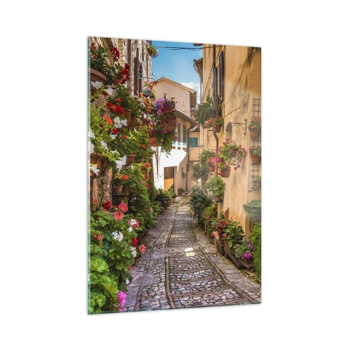 Cuadro sobre vidrio - Impresiones sobre Vidrio - Un encantador callejón italiano con flores en macetas y una calle adoquinada. - 50x70cm - Callejón italiano - Decoración de pared moderna para salón y dormitorio ARTTOR