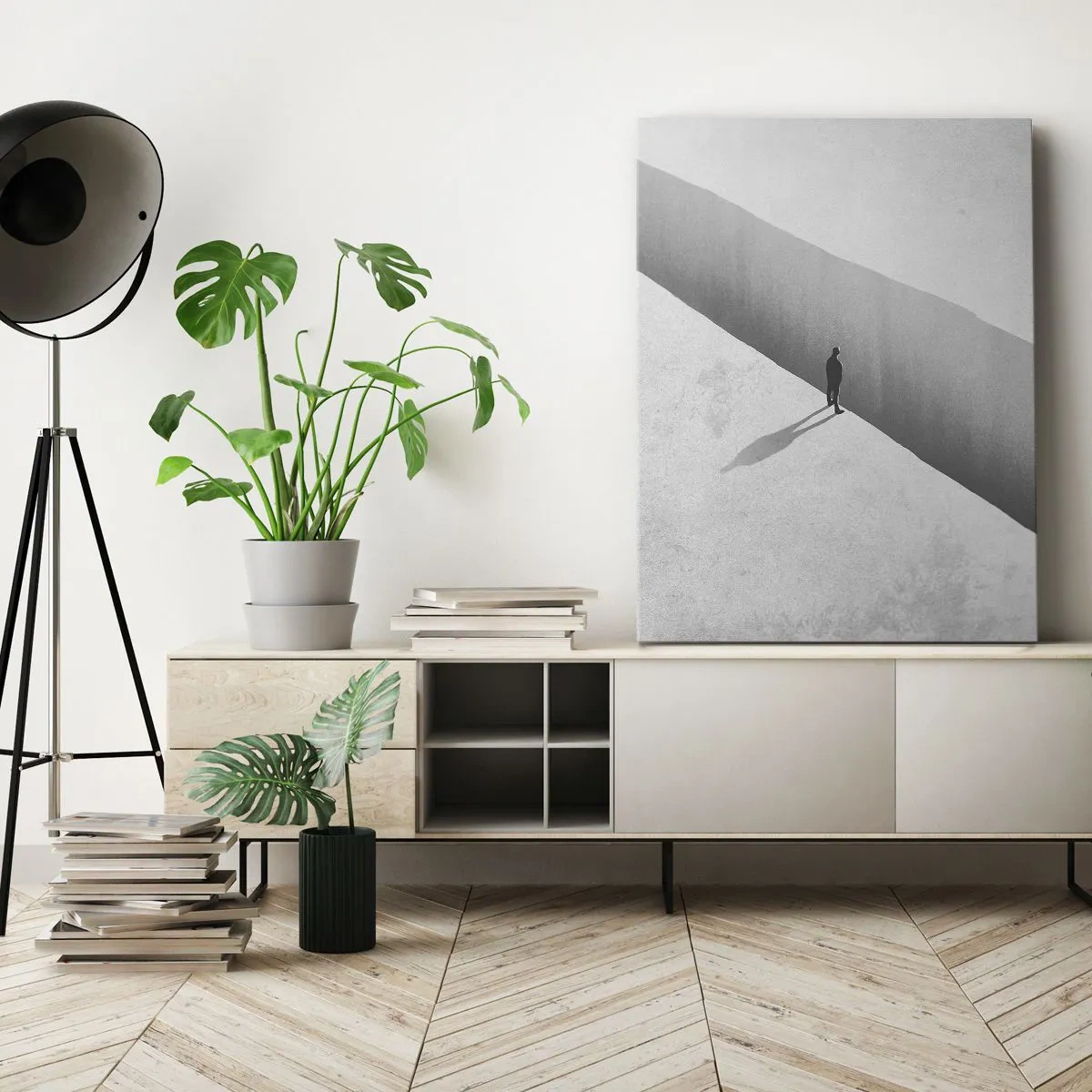 Cuadro sobre lienzo - Impresión de Imagen - Una figura solitaria se encuentra sobre un profundo abismo en un entorno monocromático. - 50x70cm - Sin un destino claro - Decoración de pared moderna para salón y dormitorio ARTTOR