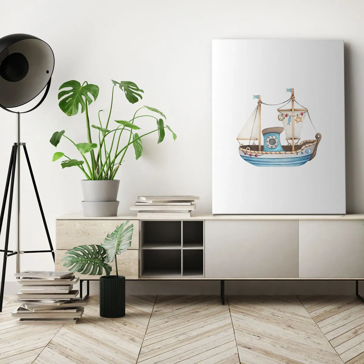 Cuadro sobre lienzo - Impresión de Imagen - Ilustración de un barco en colores pastel sobre un fondo blanco. - 50x70cm - A la aventura - Decoración de pared moderna para salón y dormitorio ARTTOR