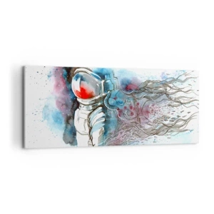 Cuadro sobre lienzo - Impresión de Imagen - Un cosmonauta en una acuarela dinámica con detalles cósmicos. - 120x50cm - A solas con el cosmos - Decoración de pared moderna para salón y dormitorio ARTTOR