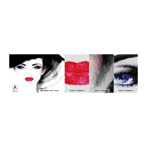 Muestra de fotomural Premium Sand - Lenguaje no verbal - cara de mujer, labios rojos, Ojos azules - 100x30 cm
