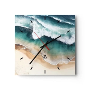 Reloj de pared - Reloj de vidrio - Vista de la playa y las olas del mar en tonos turquesa. - 30x30cm - Un encuentro eterno - Decoración de pared moderna para salón y dormitorio ARTTOR