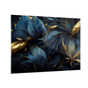 Cuadro sobre vidrio - Impresiones sobre Vidrio - Hojas de color azul oscuro con sutiles acentos dorados. - 70x50cm - Forradas de oro - Decoración de pared moderna para salón y dormitorio ARTTOR
