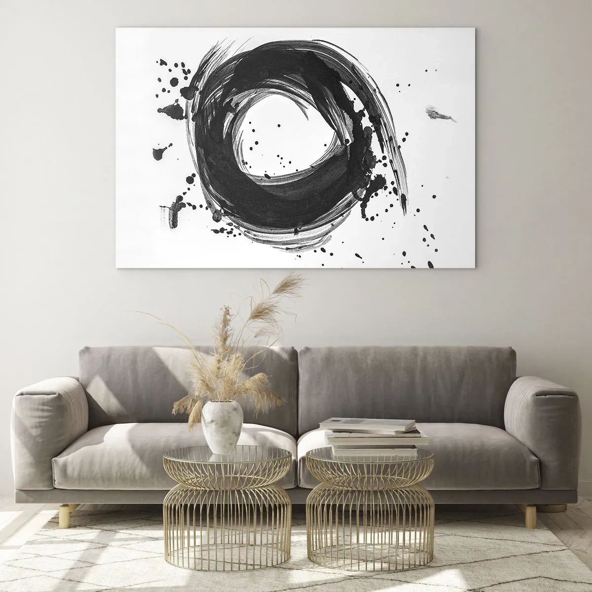 Cuadro sobre vidrio - Impresiones sobre Vidrio - Una composición minimalista en forma de pincel negro sobre blanco. - 120x80cm - El torbellino de la creación - Decoración de pared moderna para salón y dormitorio ARTTOR