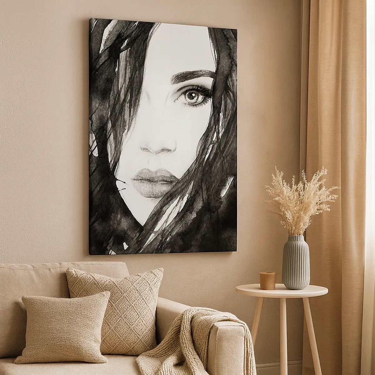Cuadro sobre lienzo - Impresión de Imagen - Retrato de una mujer en acuarela en blanco y negro - 50x70cm - Retrato de una dama en blanco y negro - Decoración de pared moderna para salón y dormitorio ARTTOR