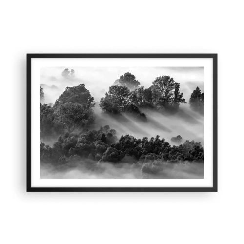 Póster en marco negro - Paisaje forestal en blanco y negro en la niebla matutina - 70x50cm - Levantarse del sueño - Decoración de pared moderna para salón y dormitorio ARTTOR