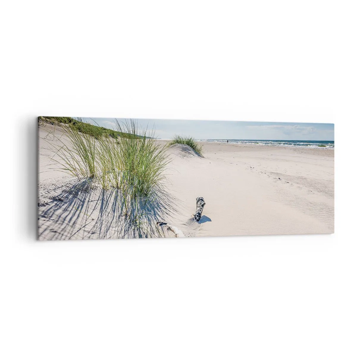 Cuadro sobre lienzo - Impresión de Imagen - Una playa báltica con arena, césped y un cielo azul tranquilo. - 140x50cm - ¿La más bella? Báltico - Decoración de pared moderna para salón y dormitorio ARTTOR