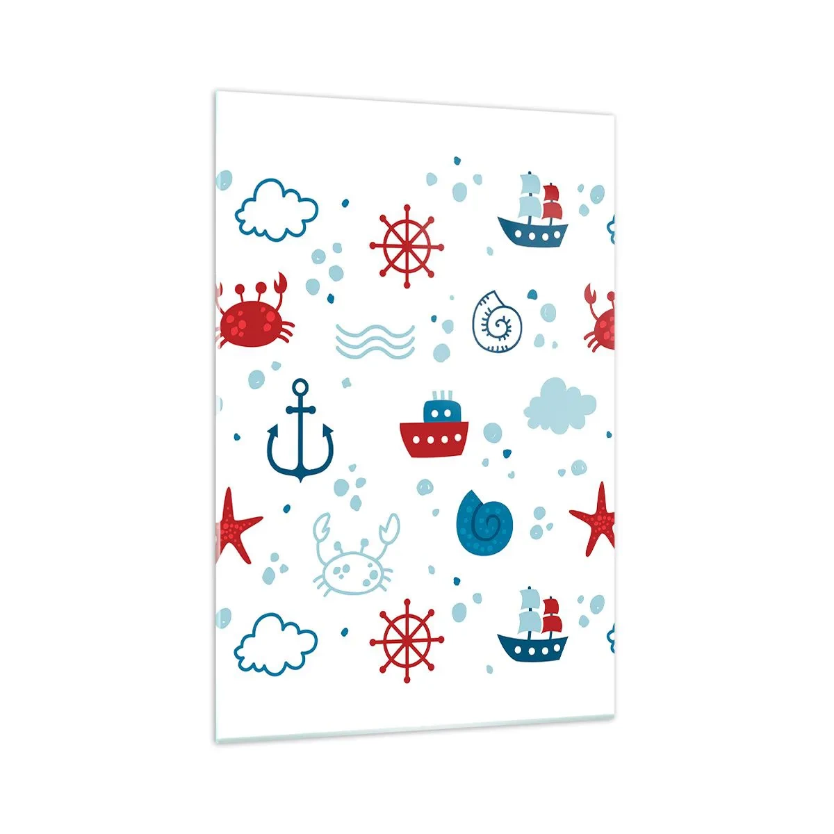 Cuadro sobre vidrio - Impresiones sobre Vidrio - Patrón náutico con anclas, barcos y cangrejos. - 70x100cm - Un cuento de mar - Decoración de pared moderna para salón y dormitorio ARTTOR