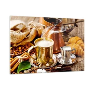 Cuadro sobre vidrio - Impresiones sobre Vidrio - Una taza dorada de café con leche rodeada de granos y croissants. - 120x80cm - Que tengas un buen día - Decoración de pared moderna para salón y dormitorio ARTTOR