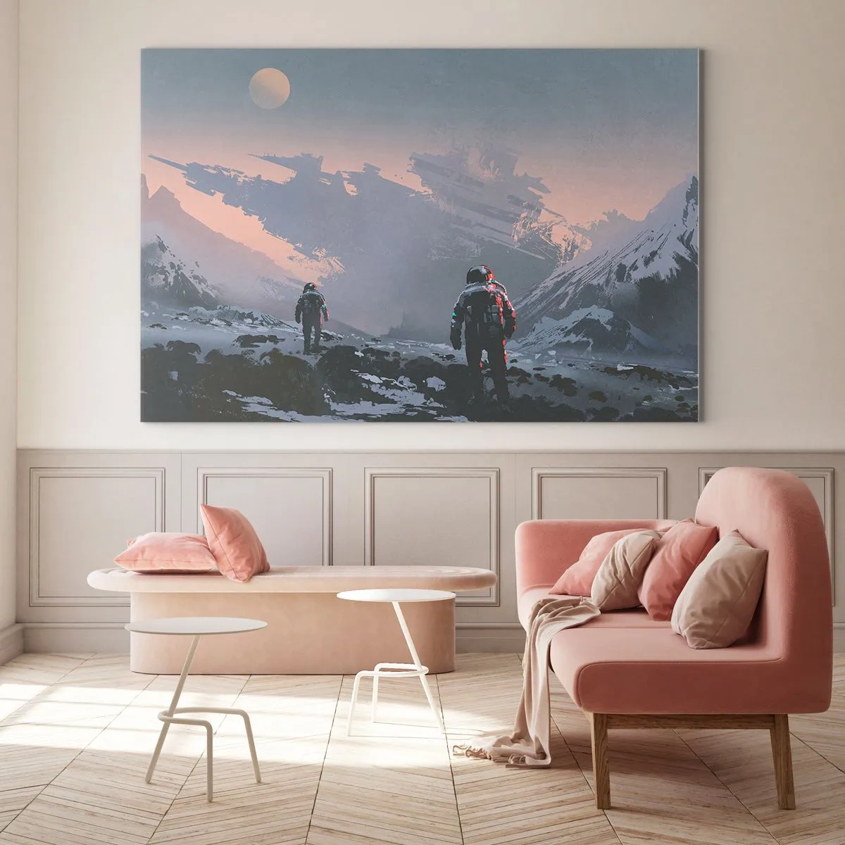Cuadro sobre vidrio - Impresiones sobre Vidrio - Astronautas en un planeta alienígena con un naufragio al fondo - 100x70cm - Bajo una estrella desconocida - Decoración de pared moderna para salón y dormitorio ARTTOR