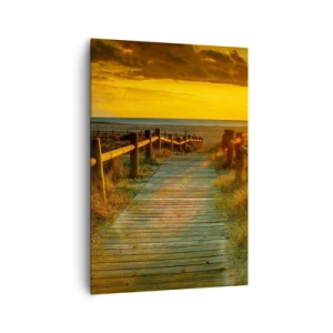Cuadro sobre lienzo - Impresión de Imagen - Un camino de madera que conduce a la playa bajo el resplandor del sol poniente. - 70x100cm - Bañado en oro viejo - Decoración de pared moderna para salón y dormitorio ARTTOR