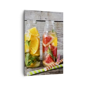 Cuadro sobre lienzo - Impresión de Imagen - Botellas de agua de frutas y hierbas sobre un fondo de madera. - 80x120cm - Saludable por naturaleza - Decoración de pared moderna para salón y dormitorio ARTTOR