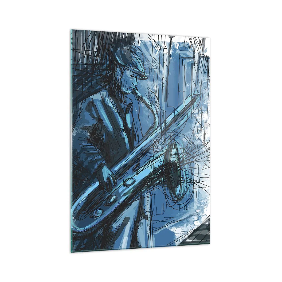Cuadro sobre vidrio - Impresiones sobre Vidrio - Saxofonista de jazz en un entorno urbano de tonos azules - 50x70cm - Rapsodia urbana - Decoración de pared moderna para salón y dormitorio ARTTOR