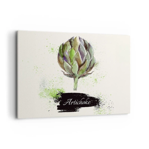 Cuadro sobre lienzo - Impresión de Imagen - Alcachofa de acuarela con texto sobre un fondo claro con acentos verdes. - 100x70cm - El sabor del otoño - Decoración de pared moderna para salón y dormitorio ARTTOR