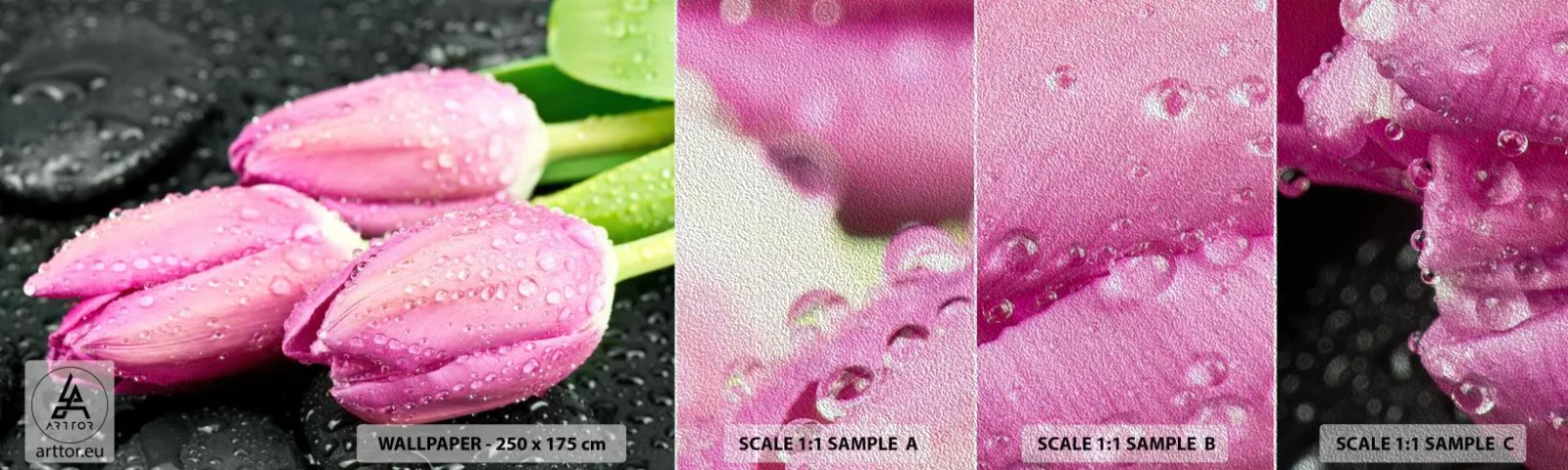 Muestra de fotomural Premium Sand - Lilas sobre piedra negra - flores, tulipanes, Ramo de flores - 100x30 cm