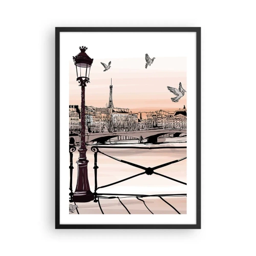 Póster en marco negro - Ilustración de París al atardecer con una linterna y un puente - 50x70cm - Sobre los tejados de París - Decoración de pared moderna para salón y dormitorio ARTTOR