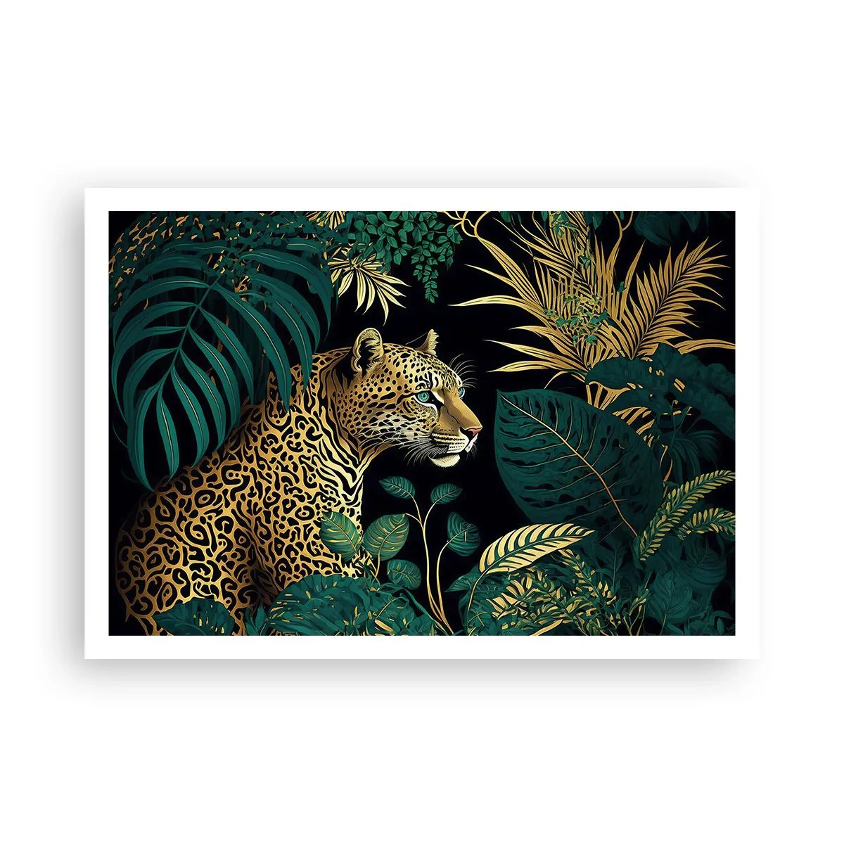 Póster - Leopardo en hojas tropicales sobre un fondo negro - 100x70cm - El anfitrión en la jungla - Decoración de pared moderna para salón y dormitorio ARTTOR