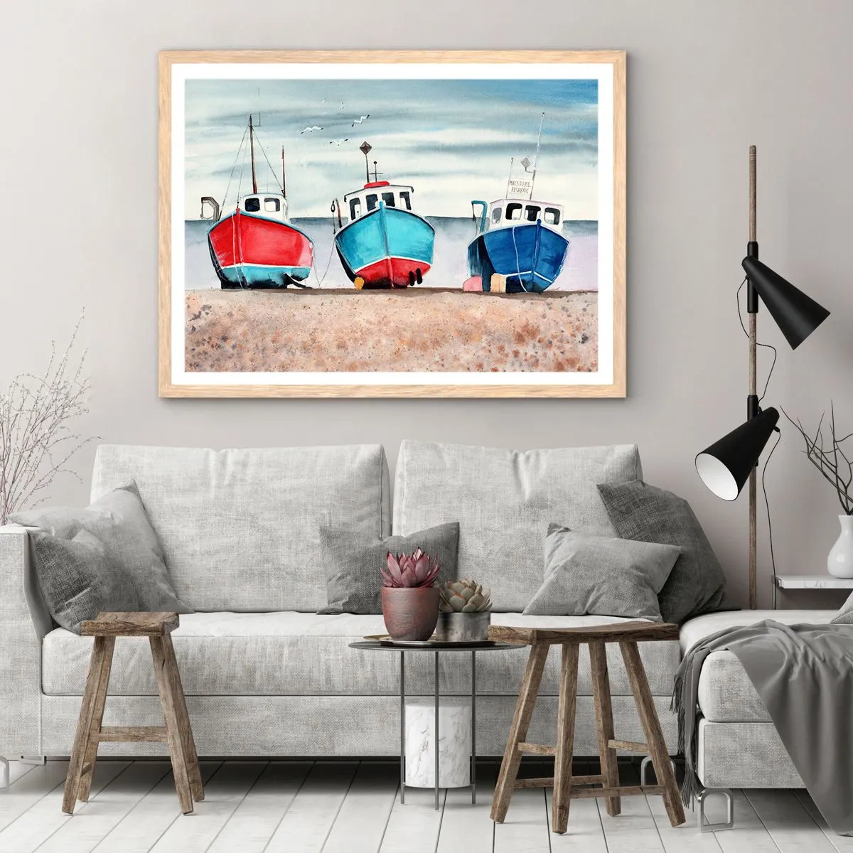 Póster en marco roble claro - Listos para la pesca - 100x70 cm