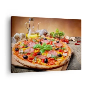 Cuadro sobre lienzo - Impresión de Imagen - Deliciosa pizza en una mesa de madera con ingredientes. - 70x50cm - Con un verdadero sabor italiano - Decoración de pared moderna para salón y dormitorio ARTTOR