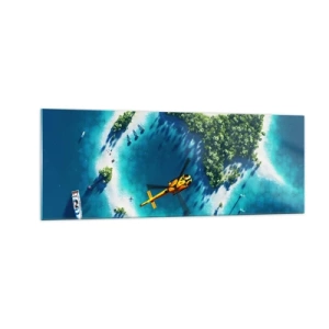 Cuadro sobre vidrio - Impresiones sobre Vidrio - Una isla tropical rodeada de agua turquesa con un helicóptero a la vista. - 140x50cm - Cómprate una isla - Decoración de pared moderna para salón y dormitorio ARTTOR
