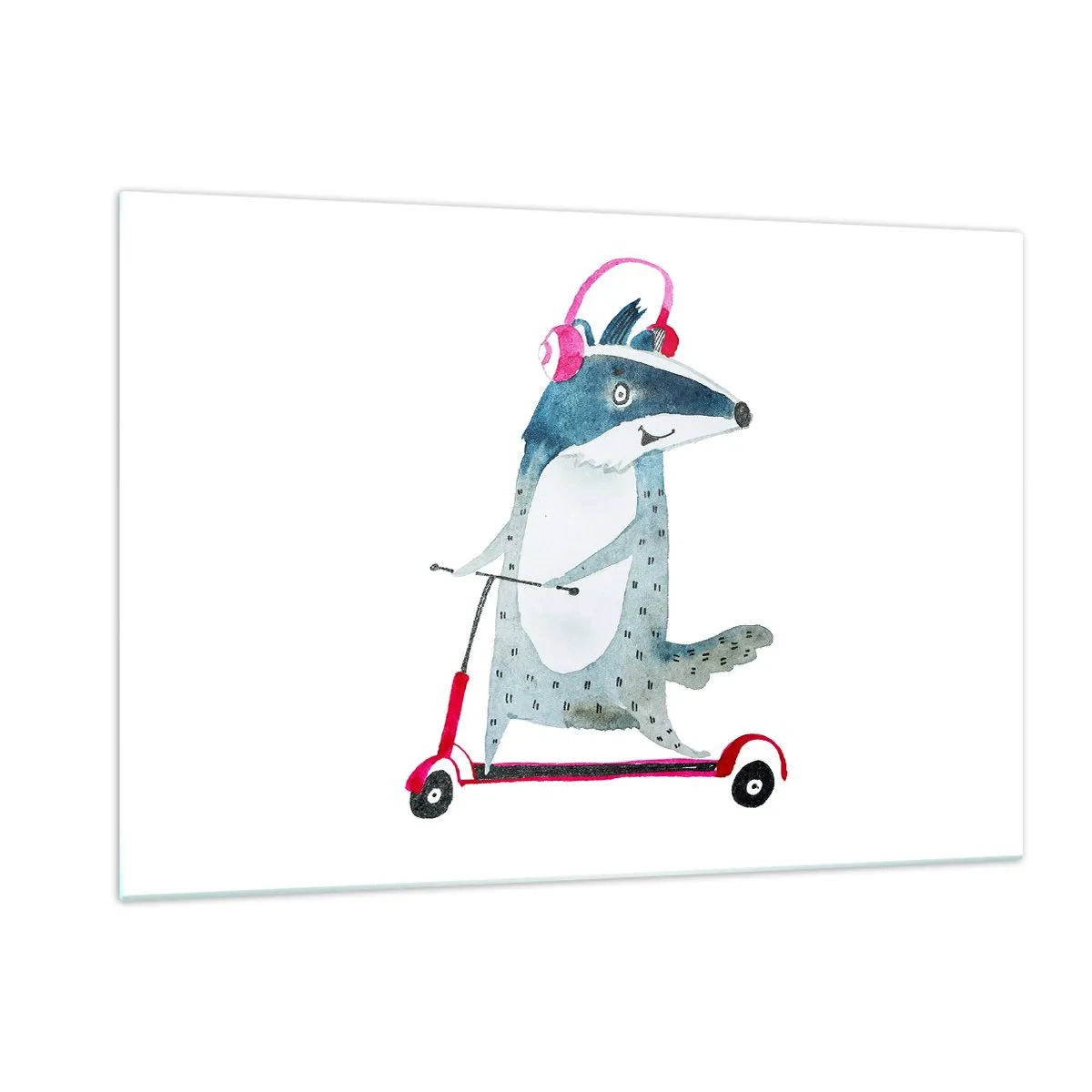 Cuadro sobre vidrio - Impresiones sobre Vidrio - Tejón con auriculares en un scooter de acuarela - 120x80cm - Alegrías de tejón - Decoración de pared moderna para salón y dormitorio ARTTOR