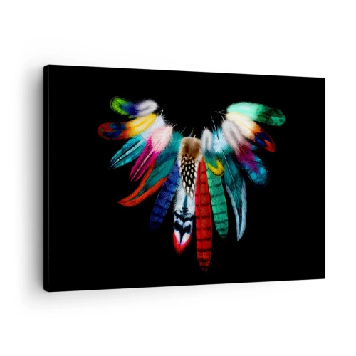 Cuadro sobre lienzo - Impresión de Imagen - Plumas de colores sobre un fondo negro en una composición artística. - 70x50cm - Collar indio - Decoración de pared moderna para salón y dormitorio ARTTOR