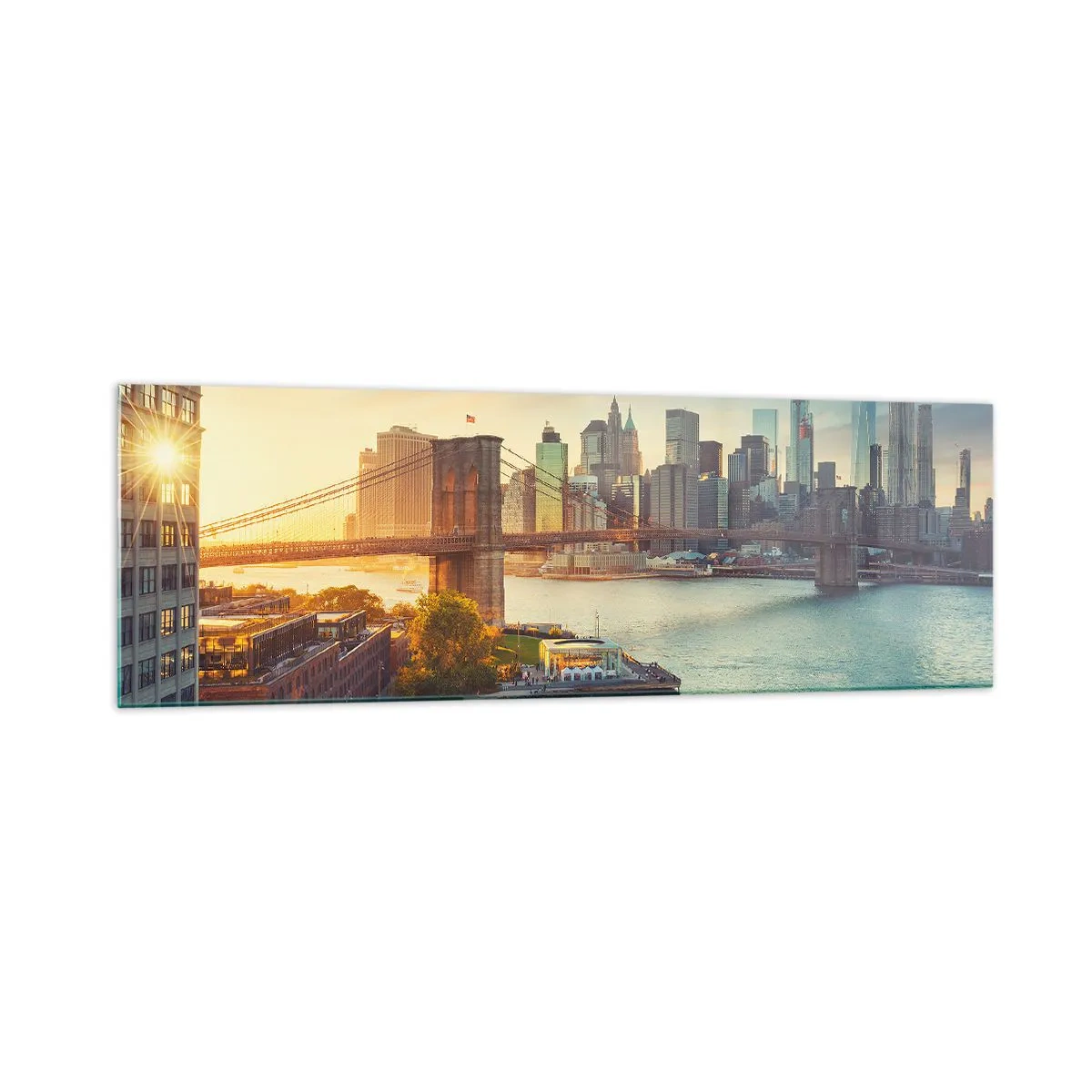Cuadro sobre vidrio - Impresiones sobre Vidrio - Panorama de la ciudad con el puente al atardecer - 160x50cm - El amanecer de la gran ciudad - Decoración de pared moderna para salón y dormitorio ARTTOR