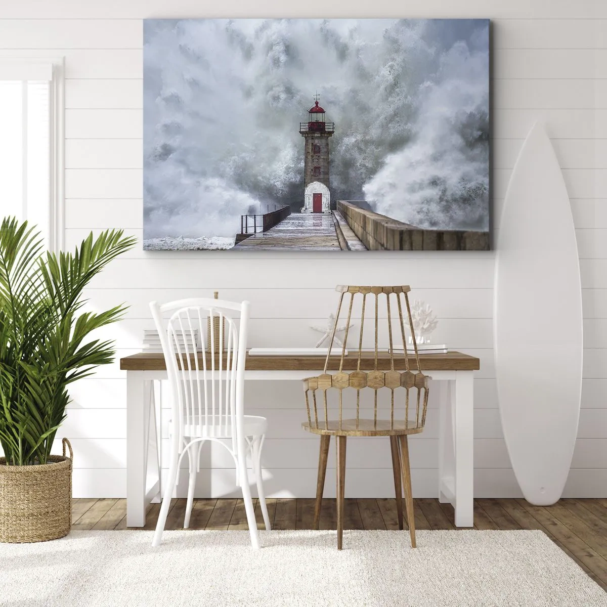 Cuadro sobre lienzo - Impresión de Imagen - Un faro rodeado de olas fuertes - 100x70cm - El rugido de las aguas, la fuerza del viento - Decoración de pared moderna para salón y dormitorio ARTTOR