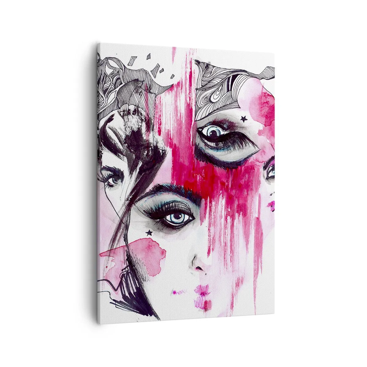 Cuadro sobre lienzo - Impresión de Imagen - Rostro abstracto en tonos rosa y negro. - 50x70cm - Ojos abstractos - Decoración de pared moderna para salón y dormitorio ARTTOR