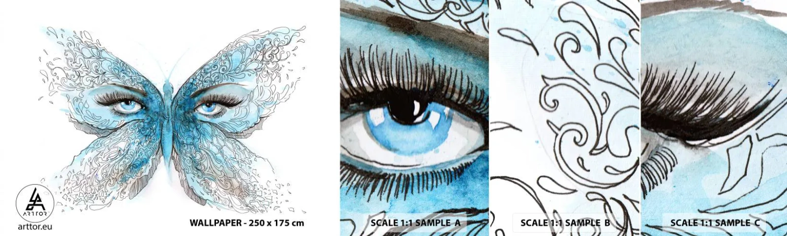 Muestra de fotomural autoadhesivo Deluxe Sticker - Mirada de mariposa - Abstracción, Mariposa, ojos femeninos - 100x30 cm