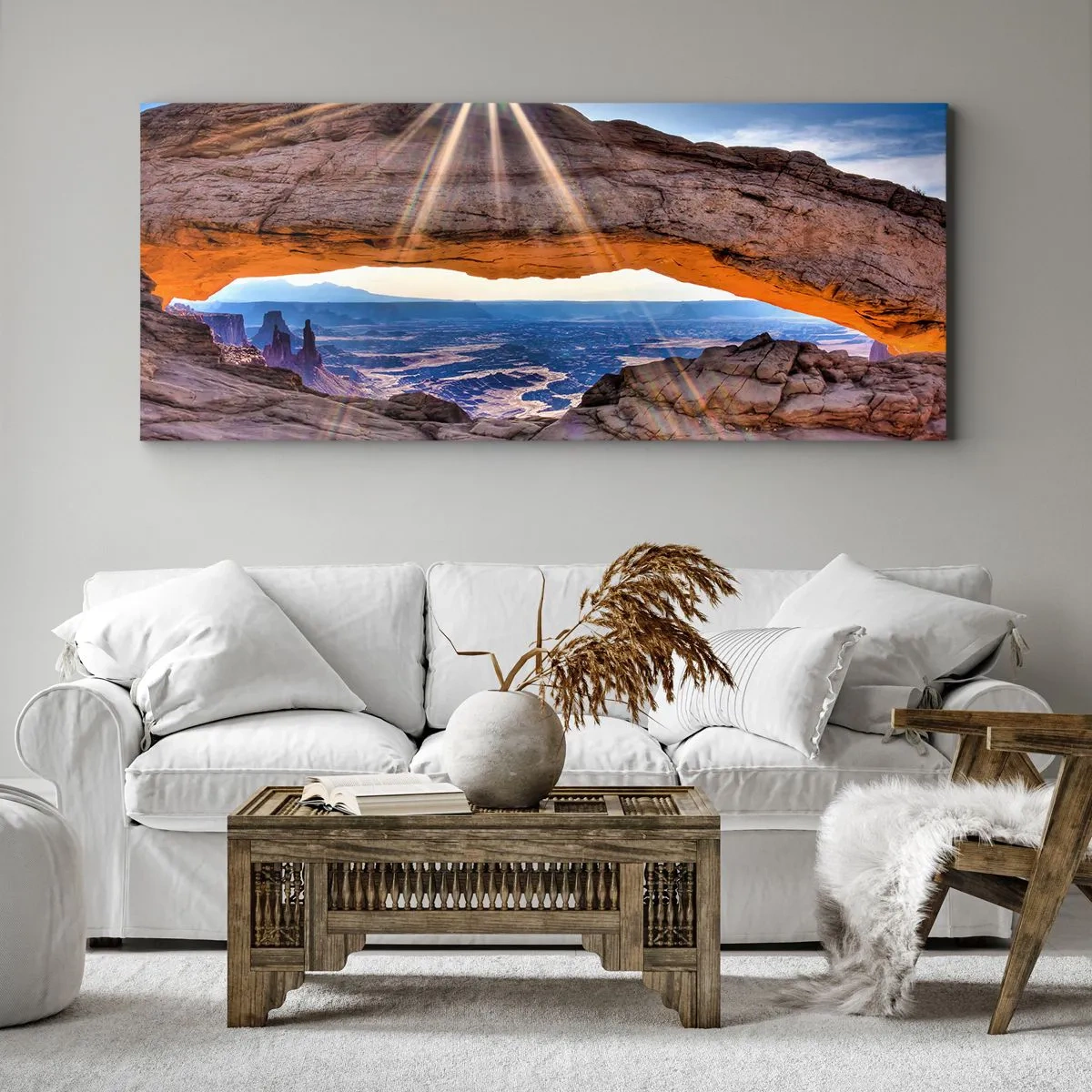 Cuadro sobre lienzo - Impresión de Imagen - Arco de roca con vistas al cañón al amanecer. - 120x50cm - A través de la puerta de la roca - Decoración de pared moderna para salón y dormitorio ARTTOR