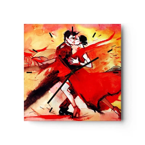 Reloj de pared - Reloj de vidrio - Una pareja bailando tango en tonos rojos sobre un fondo dinámico. - 30x30cm - Ritmo púrpura de la pasión - Decoración de pared moderna para salón y dormitorio ARTTOR