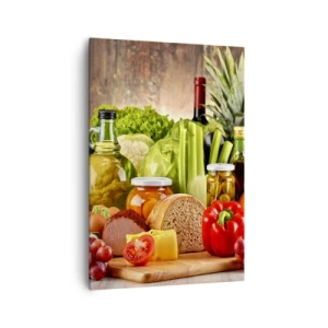 Cuadro sobre lienzo - Impresión de Imagen - Frutas, verduras y productos alimenticios coloridos. - 70x100cm - La mesa está lista - Decoración de pared moderna para salón y dormitorio ARTTOR