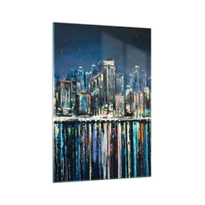 Cuadro sobre vidrio - Impresiones sobre Vidrio - Panorama de la ciudad nocturna reflejada en el agua. - 70x100cm - Una cascada de luces - Decoración de pared moderna para salón y dormitorio ARTTOR